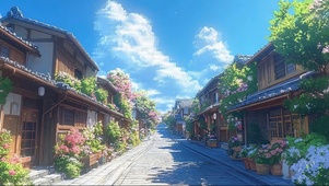 清新夏日蓝天小镇街景