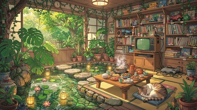 日式屋舍的池边休闲时光