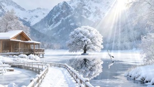 雪景树木河流双屏