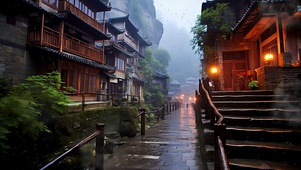 古风雨天树木房屋