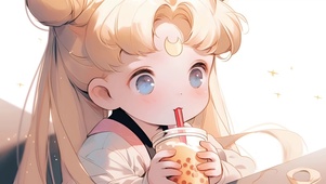 可爱动漫女孩喝奶茶