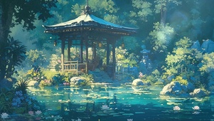 清新绿色湖泊古亭_