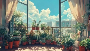 城市阳光蓝天绿植阳台
