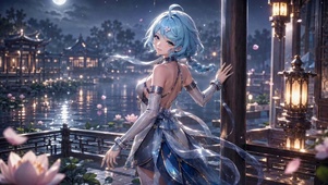 月夜古风庭院蓝发美少女