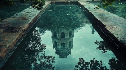 雨天古堡宫殿水池