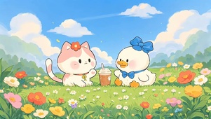 小清新猫猫鸭鸭一起喝奶茶呀