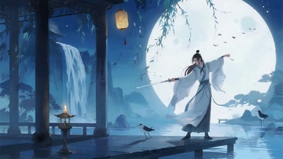 月夜水榭持剑古风少年