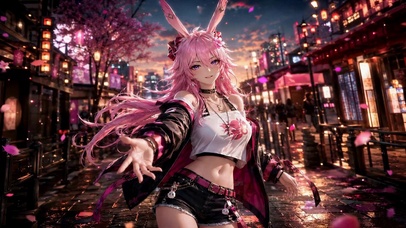 粉色兔耳美少女樱花街漫步