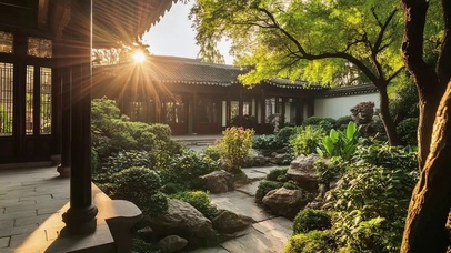 夏日绿意庭院古建池塘