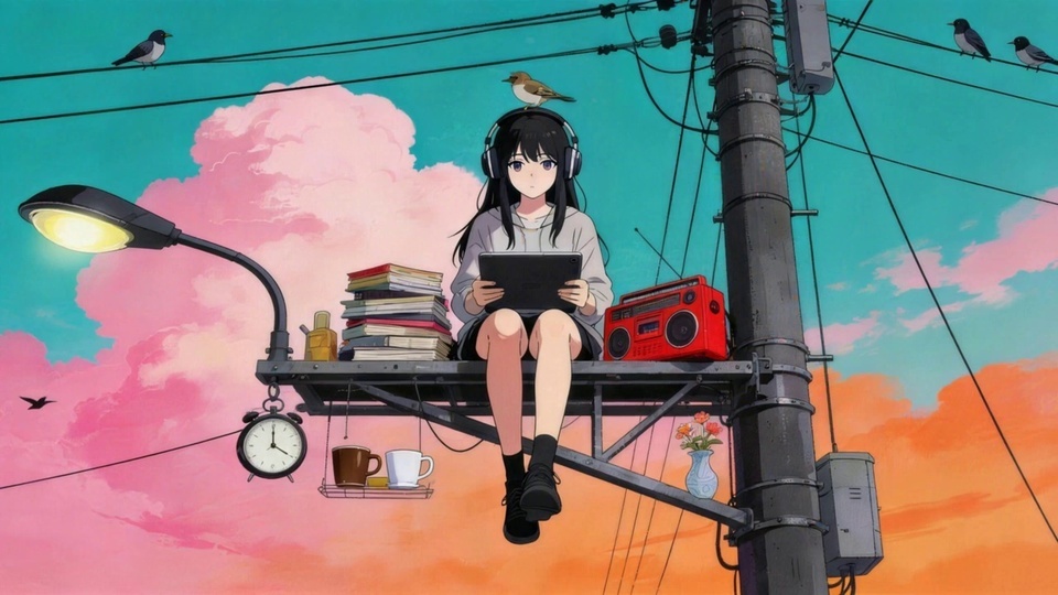 戴耳机的黑发少女坐架空平台，身侧有书籍与红色收录机，背景是渐变彩色天空。