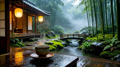 竹林木屋雨景