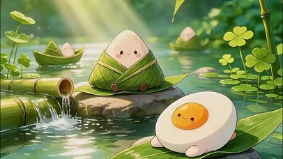 溪流消暑的咸鸭蛋和粽宝宝
