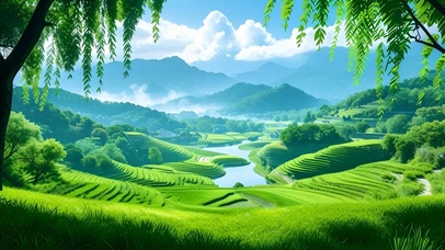 绿色护眼山水梯田
