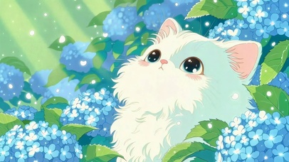 绣球花丛中的可爱奶猫