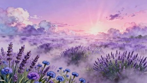 薰衣草花海云雾缭绕