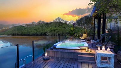 傍晚高山湖边别墅