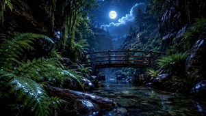 月夜山谷溪流治愈风景