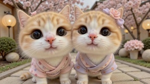 樱花树下可爱情侣小猫