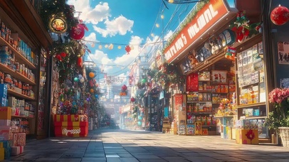 圣诞晴天白云小镇商店