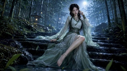 月夜竹林古风汉服美女
