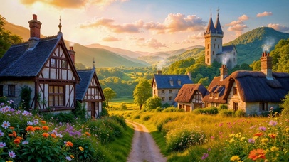 夕阳山地乡村小屋