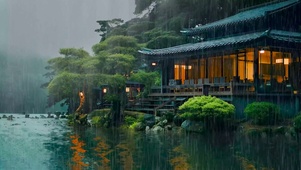 雨天湖边木屋
