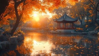 秋日国风庭院古亭