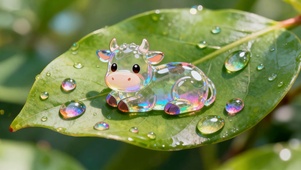 小清新雨后绿叶可爱水珠萌小牛