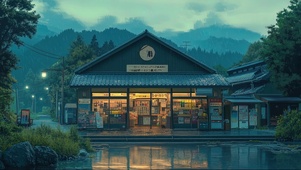 朦胧傍晚山脚商店