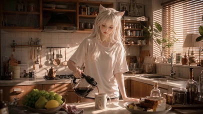 温馨厨房猫耳白发美少女