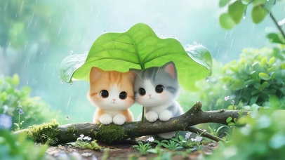 雨天绿叶下猫咪