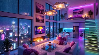 雨夜霓虹别墅房间