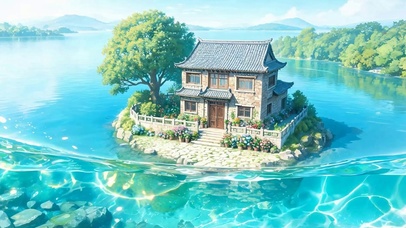 白云房屋树木海景