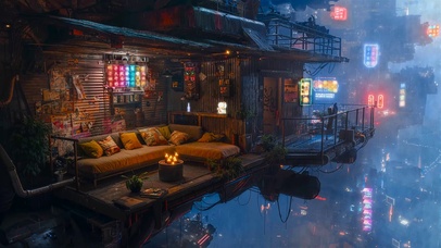 科幻雨夜未来城市阁楼 