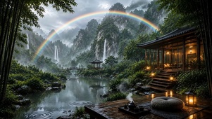国风山水湖边木屋