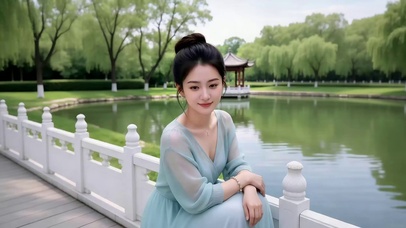 公园湖畔蹲在石栏处的美女