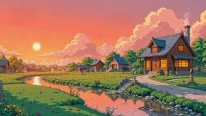 夕阳溪流村庄 