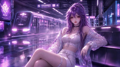 紫发赛博朋克地铁站美少女