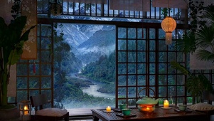 高山流水雨天木屋