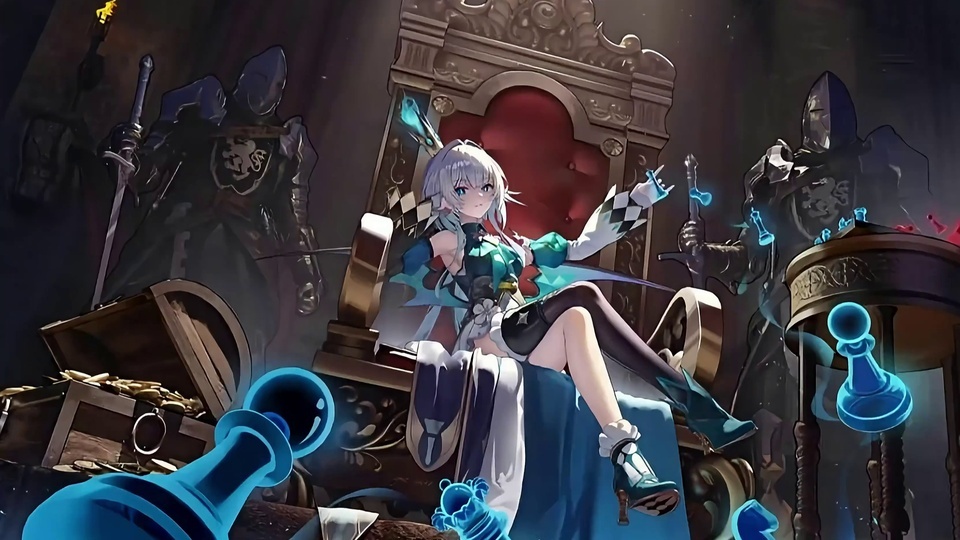 银发动漫少女坐于王座，周围环绕发光蓝棋子与盔甲武士