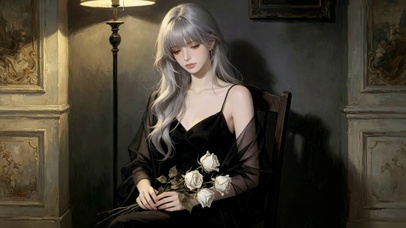 氛围感银发黑裙玫瑰美少女
