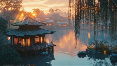 黄昏落日湖畔柳树古亭