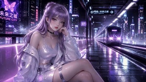 赛博未来之城紫发美少女