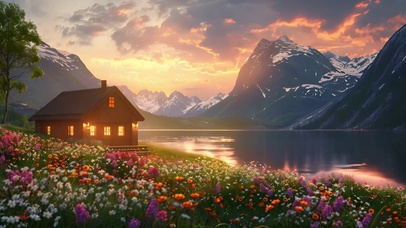 傍晚高山湖畔小屋