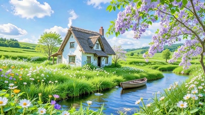 护眼蓝天溪边小屋