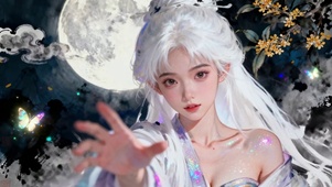 秋夜银月桂花树下白发仙女