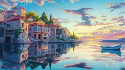 黄昏海港小镇唯美建筑