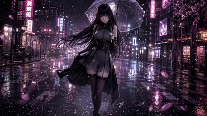 雨夜黑裙少女
