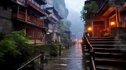 古风雨天树木房屋