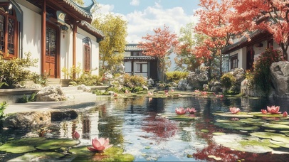 秋日园林庭院荷塘风景